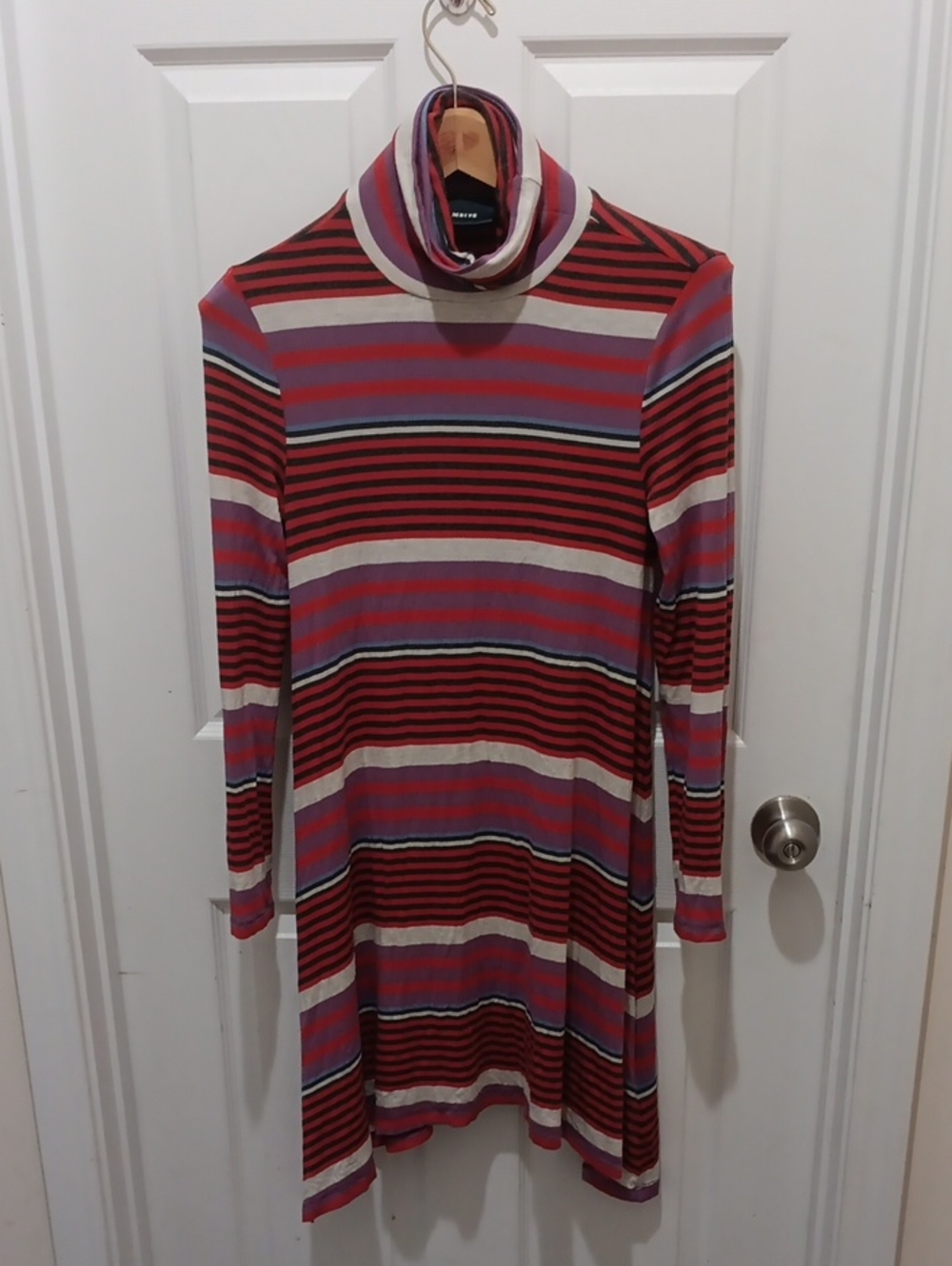 Maeve Striped Turtleneck Swing Dress in Red, Purple & Cream